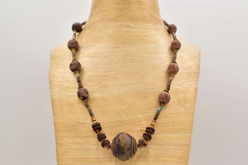 JBB Joshua Benbassat Vintage Beaded Necklace Ceramic Wooden Boho Signed Bin7A